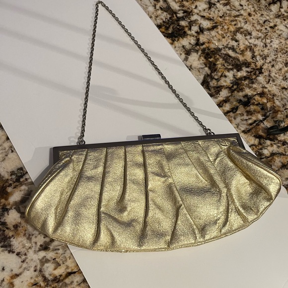 Vintage Handbag Gold Clutch leather lined with Chain - Picture 11 of 11